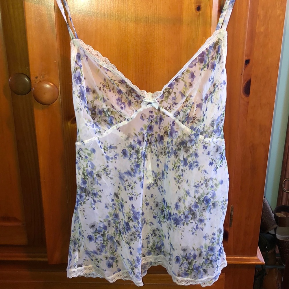 White Blue Floral Sleep Top Tank Top Chemise